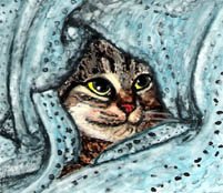 cat wrapped in blanket watercolor painting by artist DJ Geribo