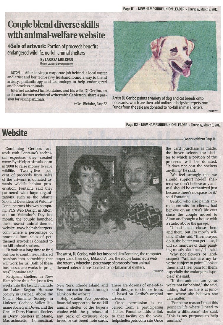 NH Union Leader Article about Help Shelter Pets published on 3-8-12 